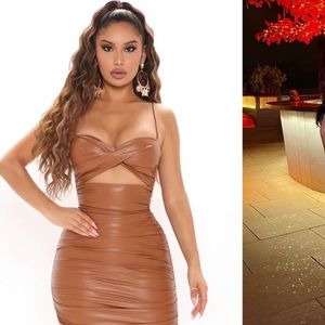 Fashion Nova New Baddie Faux Leather Mini Dress- Camel